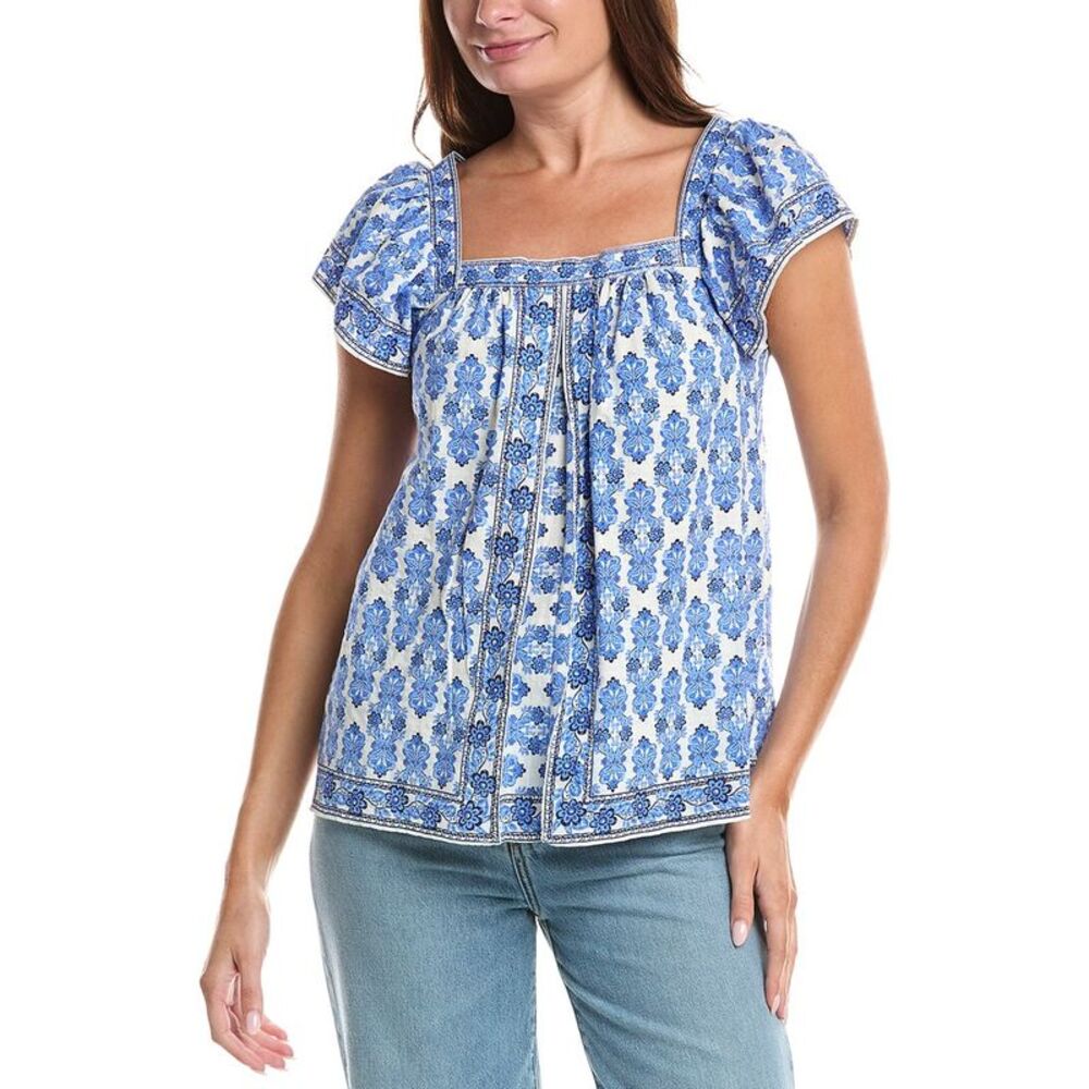 Max Studio Womens  Square Neck Flutter Sleeve Blouse, Blue